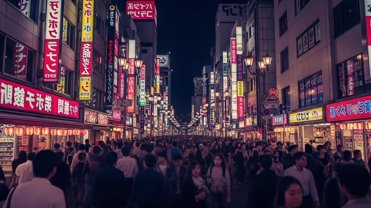 A Bustling Urban Street Scene at Night, Illuminated by Vibrant Neon Signs and Filled with Crowds of People Walking and Engaging in City Life