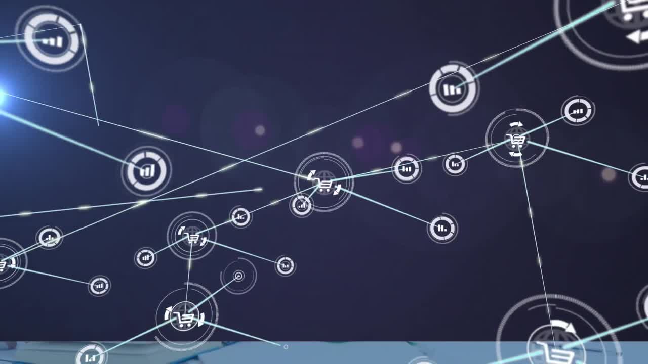 보라색 배경에 온라인 쇼핑 아이콘과 연결 네트워크의 애니메이션