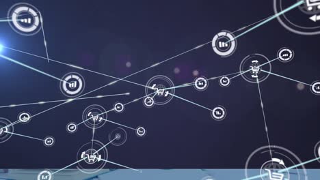 animation of network of connections with online shopping icons on purple background