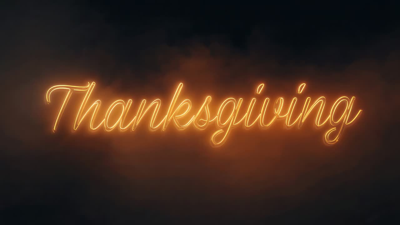 Brightening cursive neon Thanksgiving emitting halo and smoke on studio title card, evoking warmth