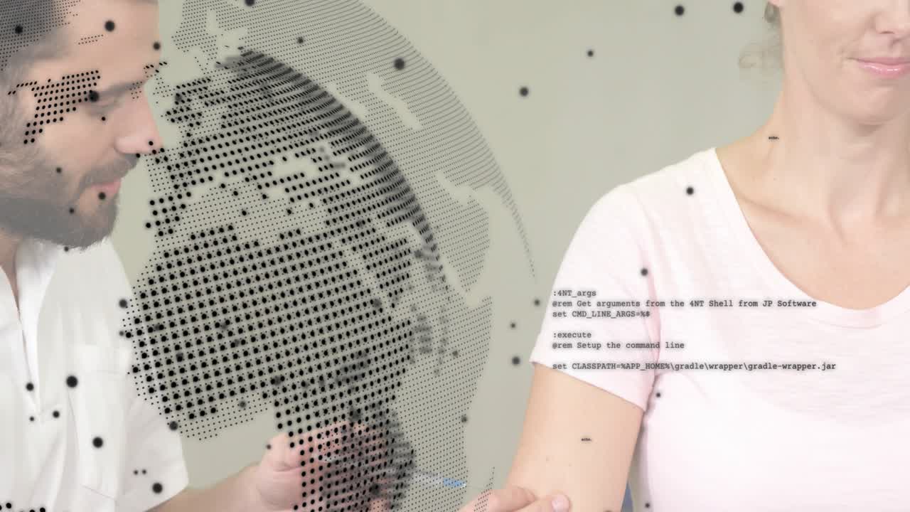 Nurse leaning, holding patient arm, injecting for vaccine while globe, code overlay crossing frame