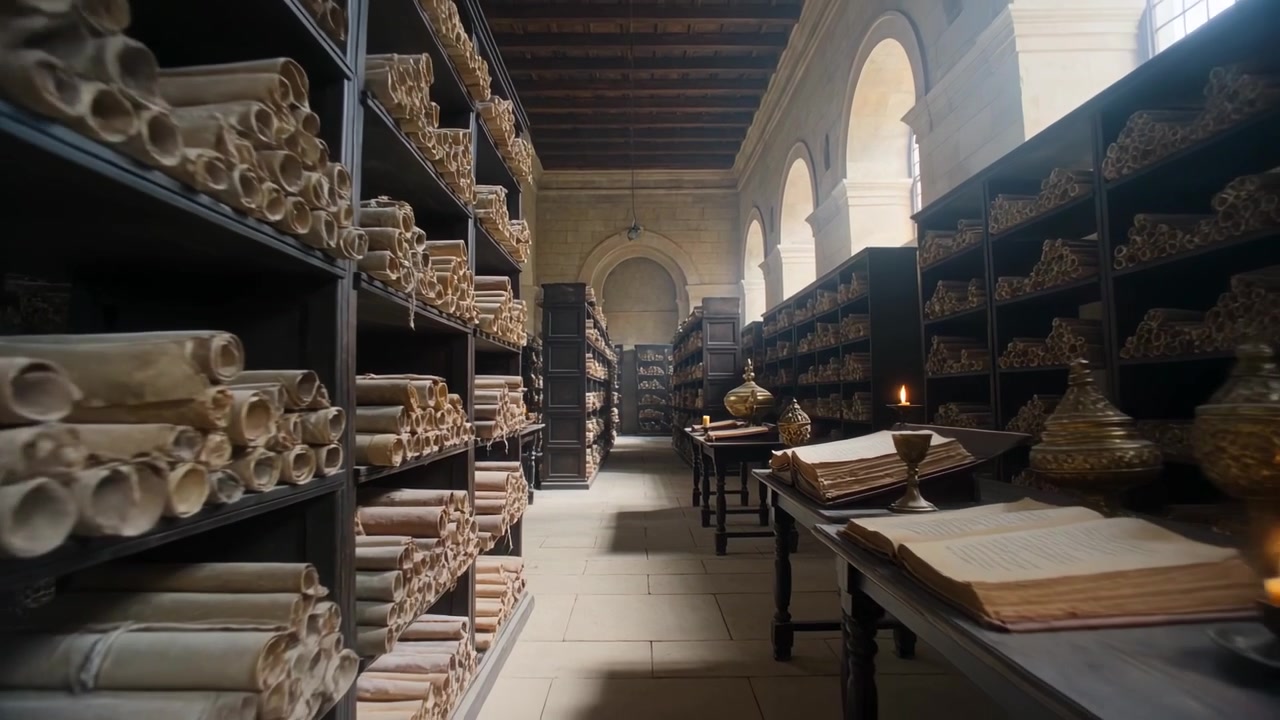 Telecamera che scorre rivela un lungo corridoio archivistico con scaffali di legno, pergamene arrotolate e candele accese.