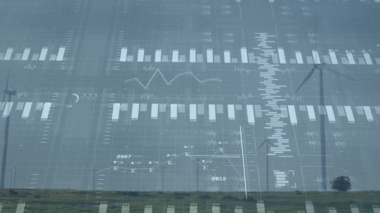 풍력 터빈과 풍경에 대한 금융 데이터 처리 애니메이션