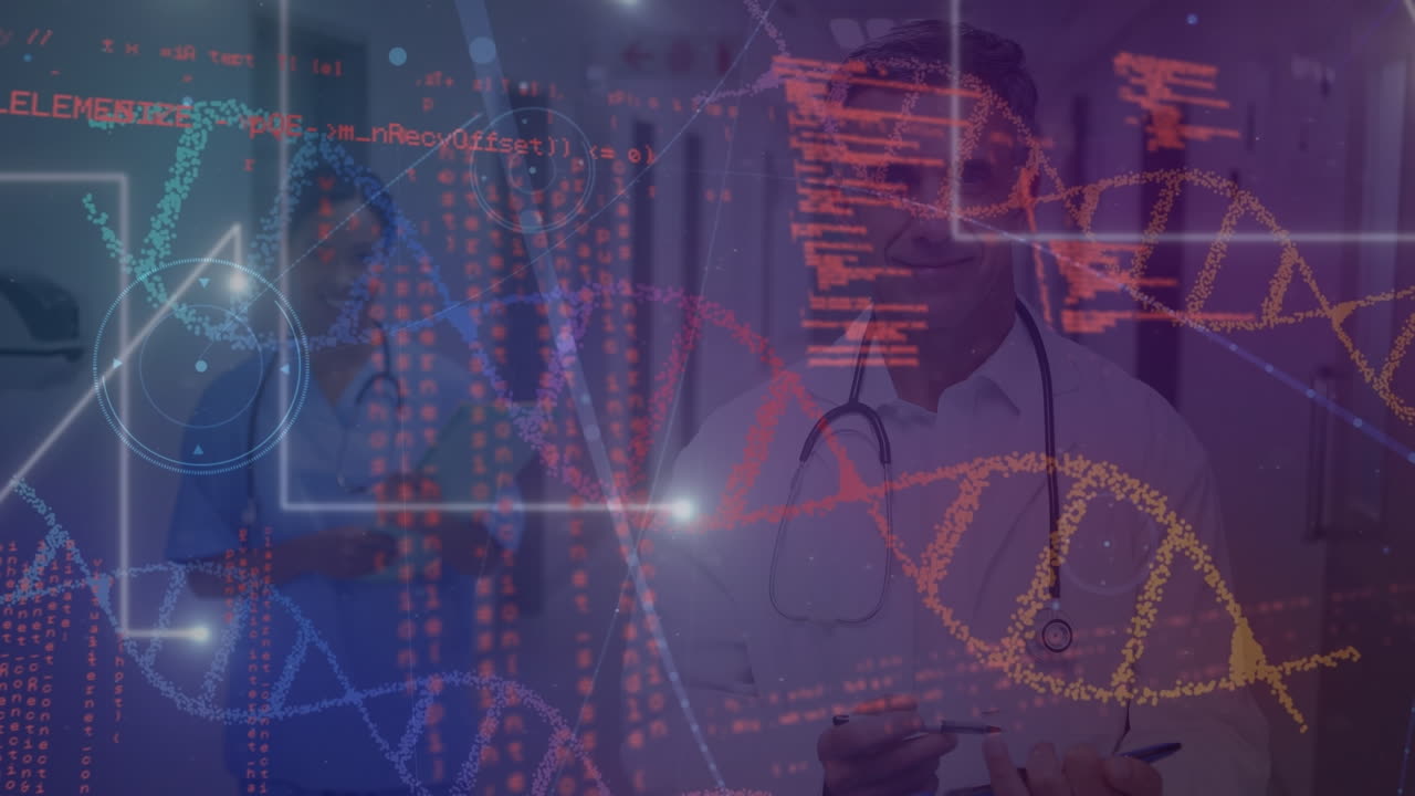 animación de adn y procesamiento de datos sobre médicos caucásicos masculinos y femeninos
