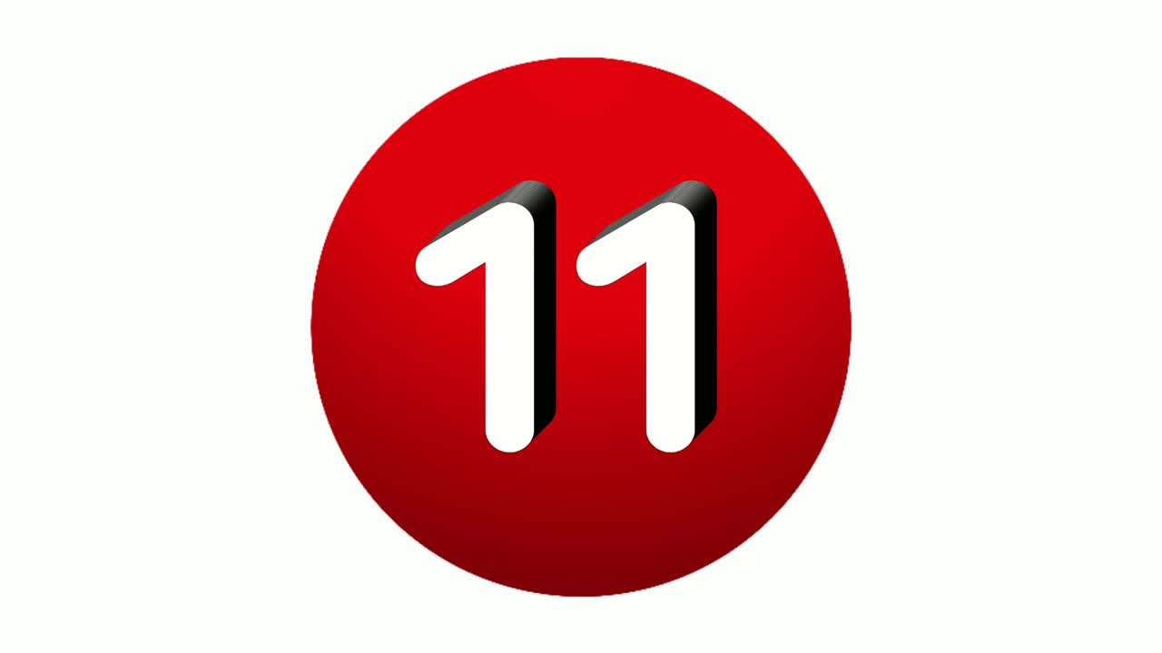 Icona animata 3D del numero 11 (undici) con grafica in movimento su sfera rossa su sfondo bianco, numero animato in stile cartone per elementi video
