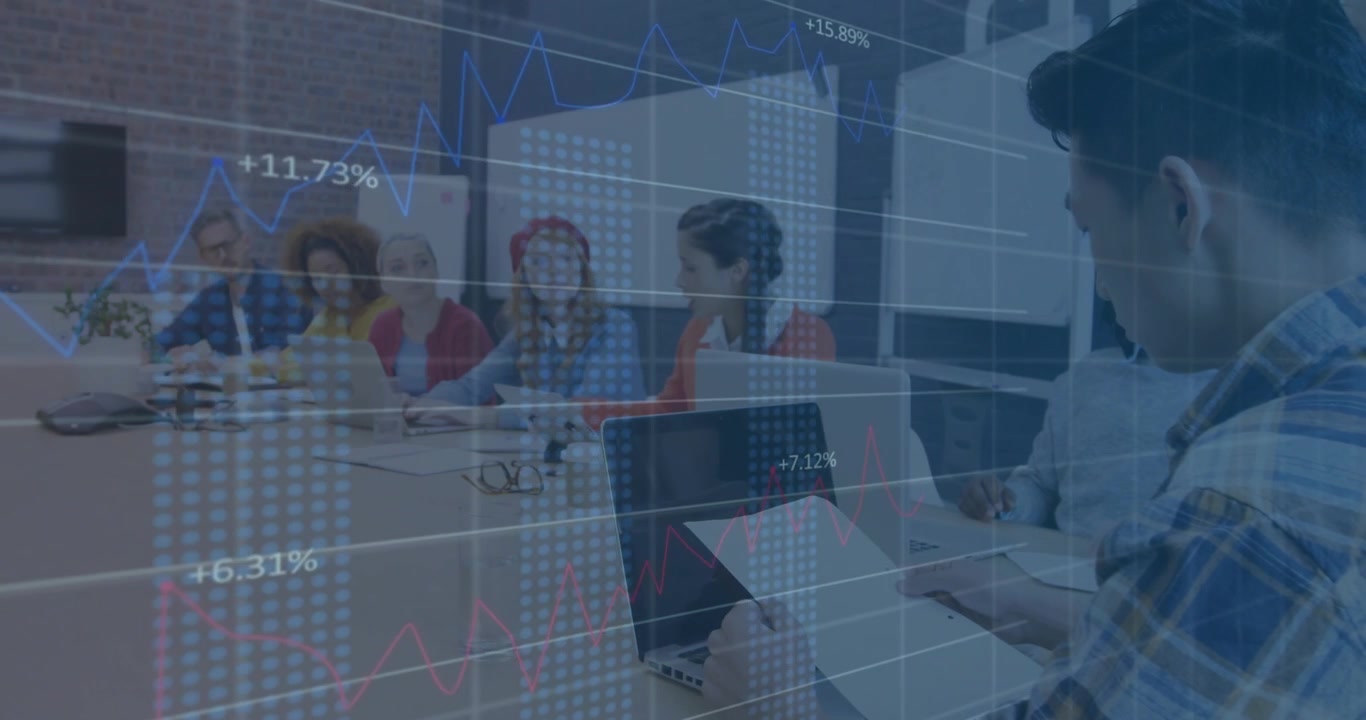 Grid overlay filling and panning business meeting table while colleagues reviewing percentage data