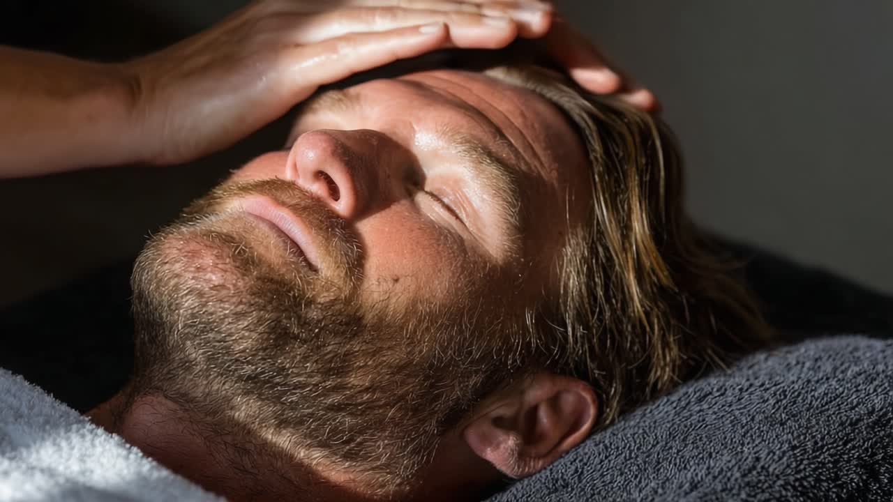 En afslappende spaoplevelse: En mand nyder en beroligende massage med blide strøg på panden, der fremmer stresslindring og velvære gennem professionel pleje