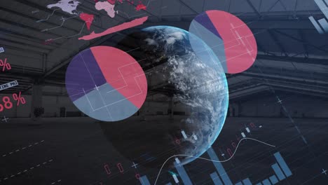 Animation-of-statistics-recording,-globe-spinning-over-warehouse