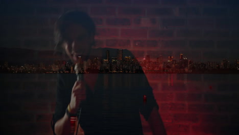 male singer performing on music industry stage, with animated city skyline reflecting over water