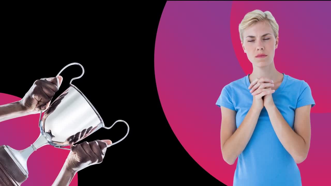 검은색과 분홍색 배경에 컵을 들고 손을 들고 기도하는 백인 여성의 애니메이션