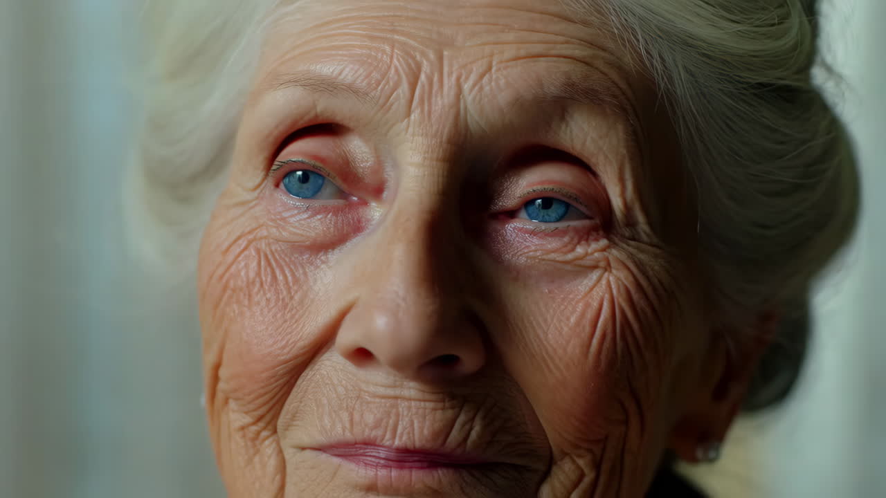 Close-up of an Elderly Woman's Face with Blue Eyes