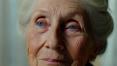 close-up of an elderly woman's face with blue eyes