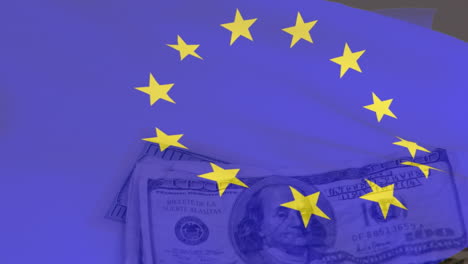 백색 표면에 달러 지폐의 클로즈업에 대해 eu 발을 흔들고 있는 애니메이션
