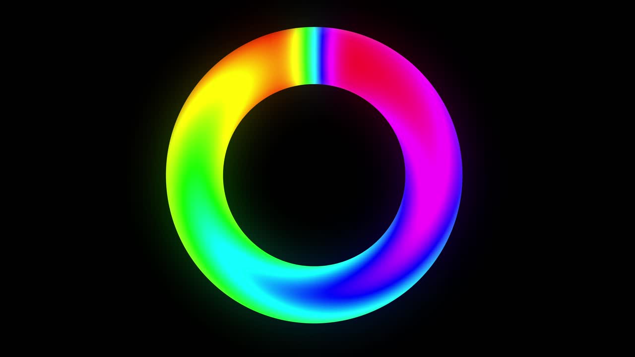 검은 배경에 원활한 루프 회전 사이키델릭 여러 가지 빛깔의 반지
