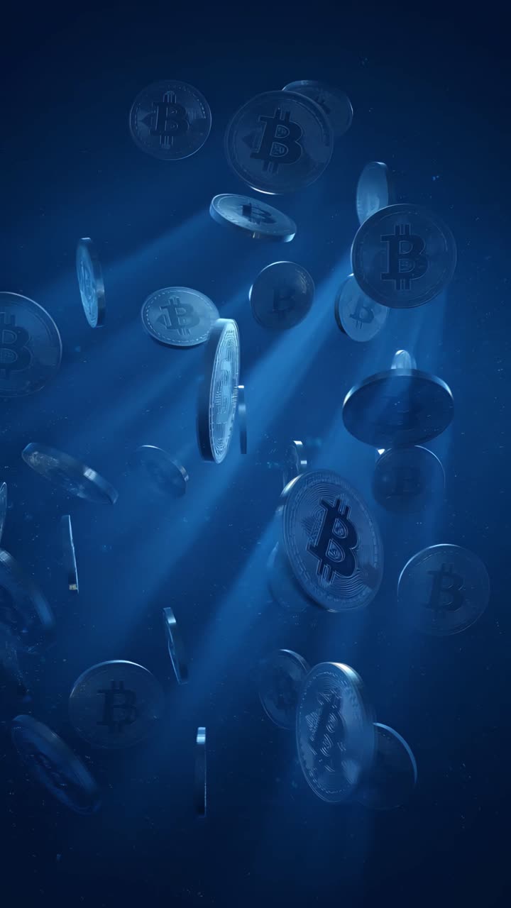 Animazione rotante di Bitcoin dorato su sfondo scuro, criptovaluta cinematografica 4K.