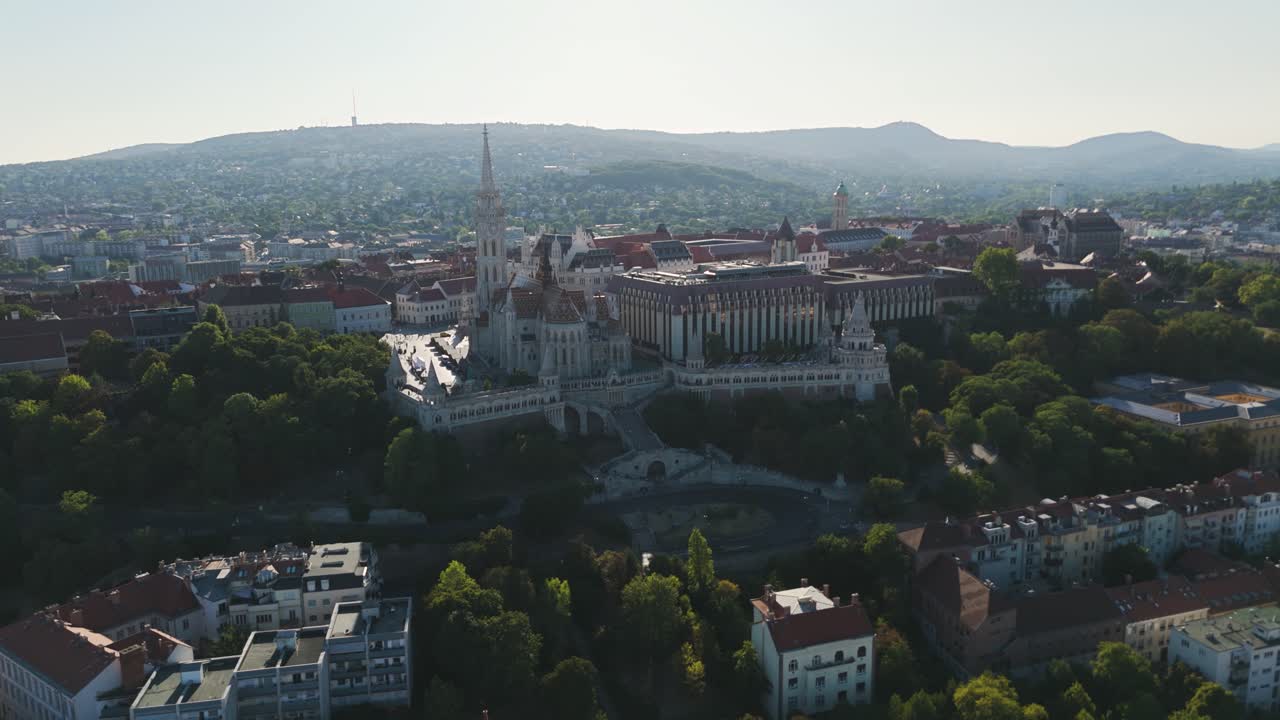 Aerial orbit showcasing the iconic Fisherman’s Bastion and the Church of Our Lady within Buda Castle in Budapest, Hungary