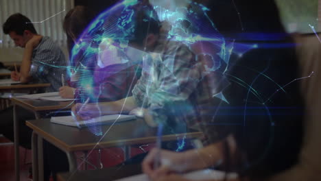 animation of globe spinning over students learning