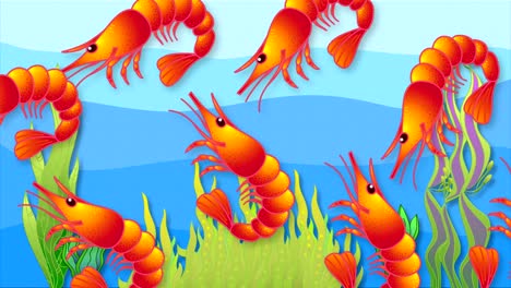 los camarones rojos nadan horizontalmente girando y moviendo las garras