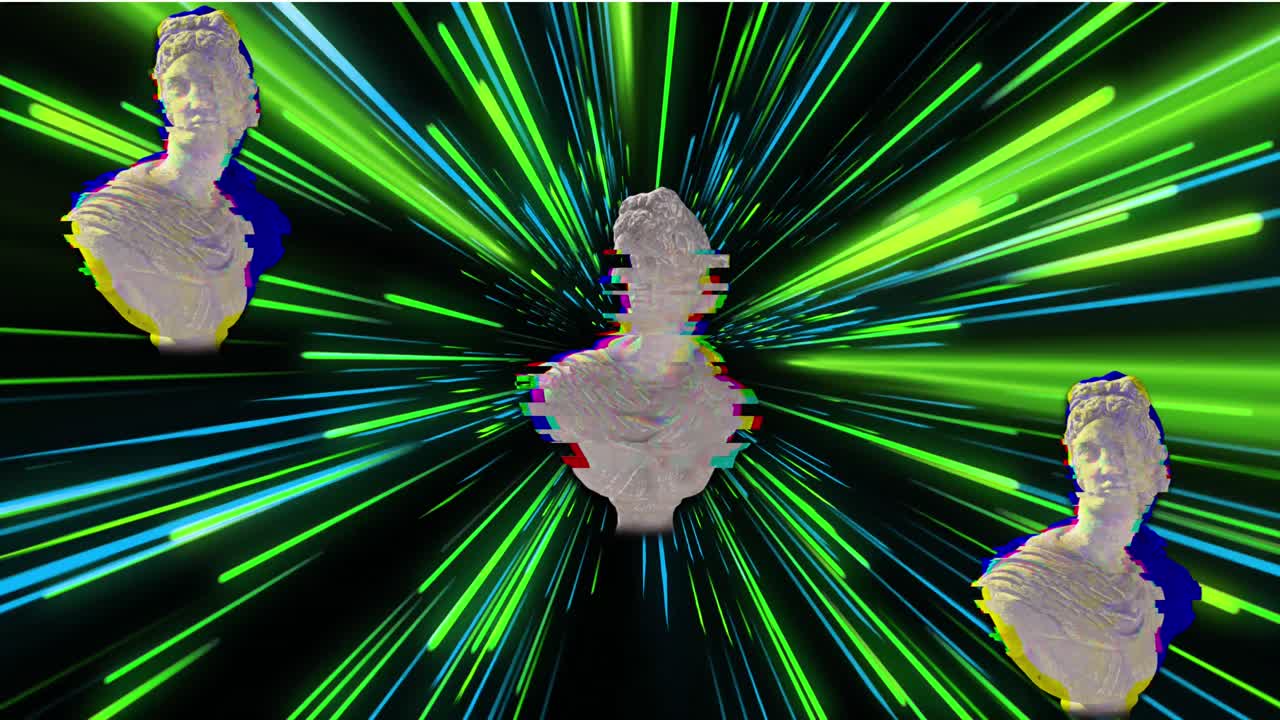 animación de esculturas antiguas sobre senderos de luz de neón verde y azul