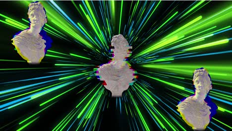 animación de esculturas antiguas sobre senderos de luz de neón verde y azul