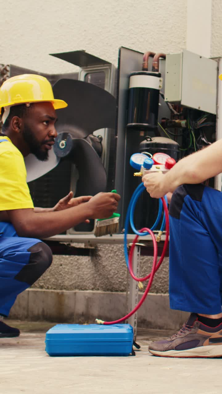 Vertical video Coworkers servicing hvac system