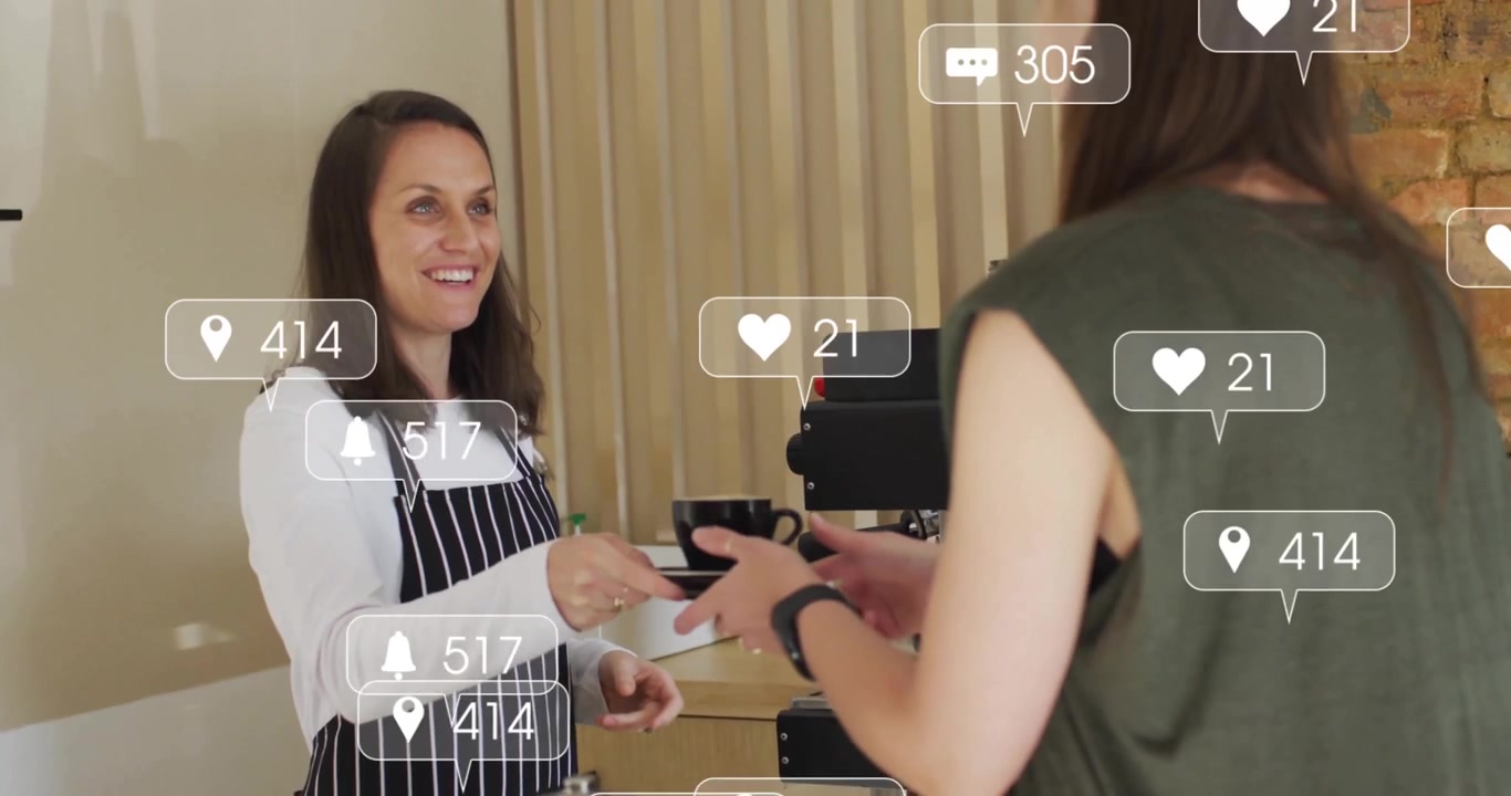 Barista offering espresso cup causing floating notification icons above café counter for customer