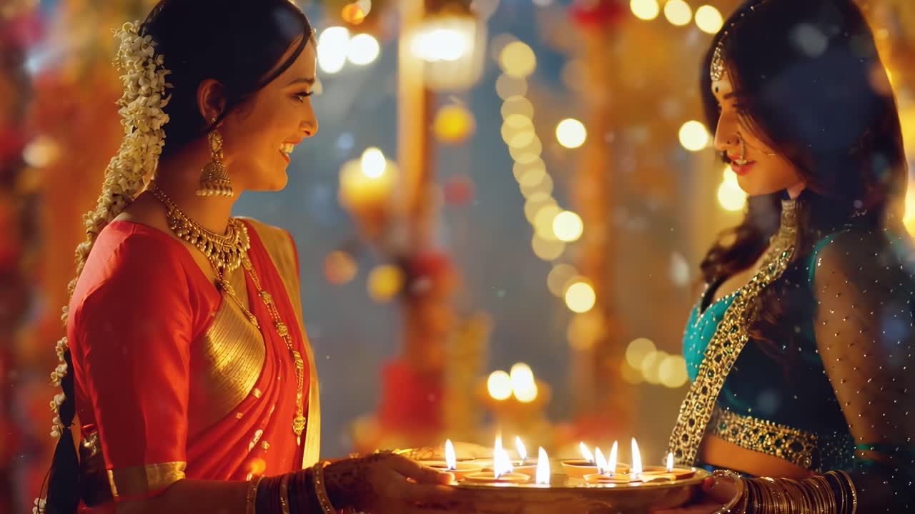 Scena video festiva con due donne in abiti tradizionali, scattata ad altezza occhi, luci scintillanti