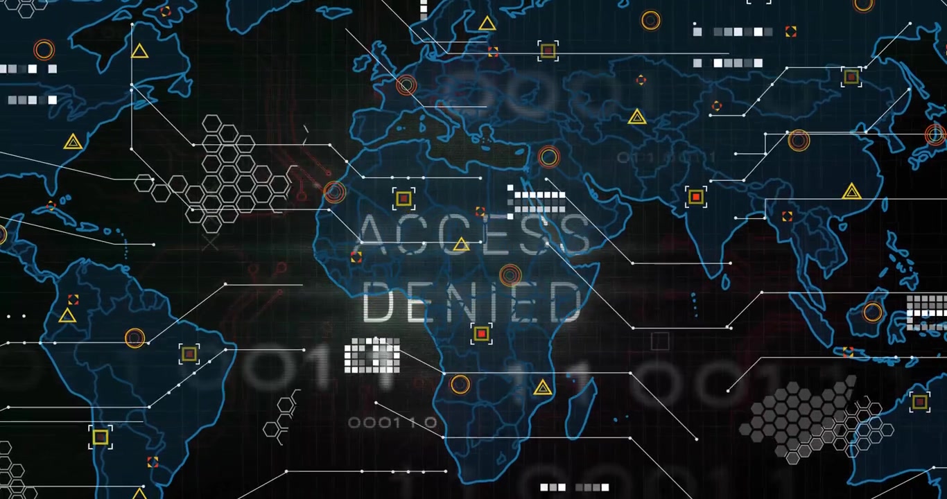 Dark screen revealing world map animating hex grids nodes flickering ACCESS DENIED scanning network