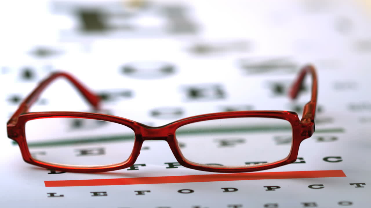 gafas de lectura rojas cayendo en la prueba de ojos