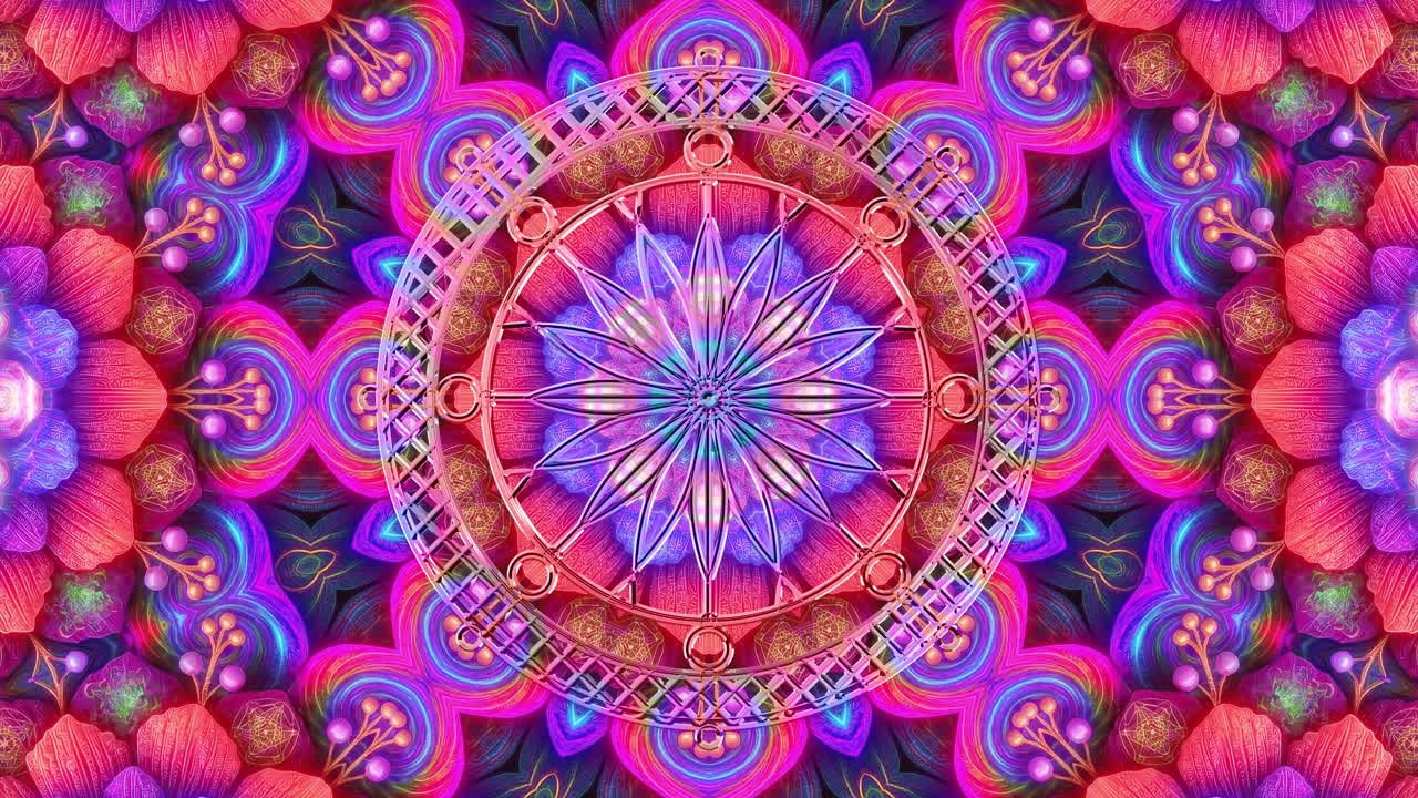 Loop 4K60 senza soluzione di continuità. Mandala a ruota ornata in vetro 3D su un caleidoscopio frattale floreale vibrante e psichedelico che si trasforma in rosa, viola e blu. Ideale per set VJ ed eventi orizzontali o verticali.