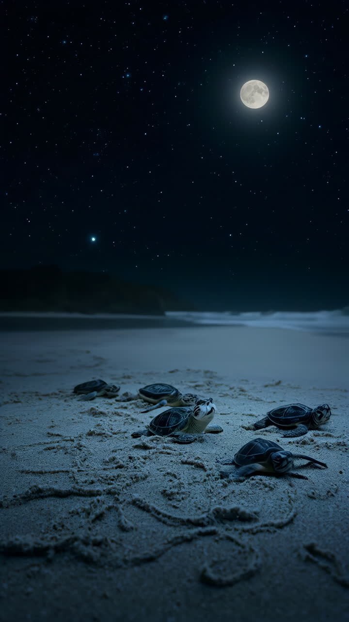 Filhotes de Tartaruga Marinha a Caminho do Oceano Sob uma Lua Cheia