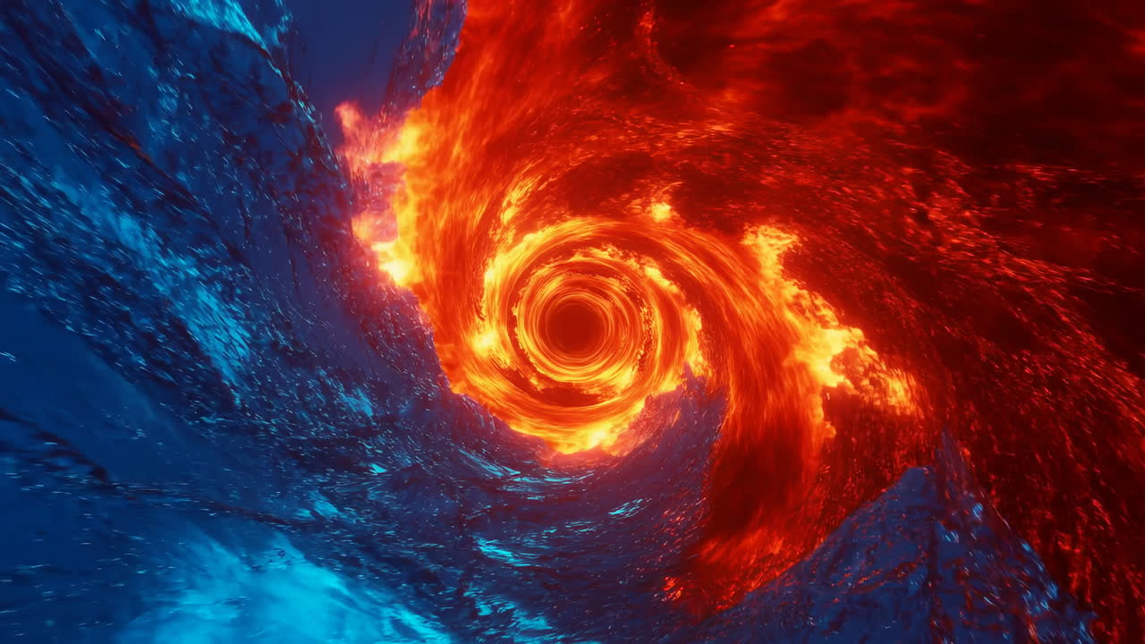 Vortice infuocato fuso in collisione con l'acqua, scena cinematografica che mostra un inferno turbinante e profonde correnti blu.