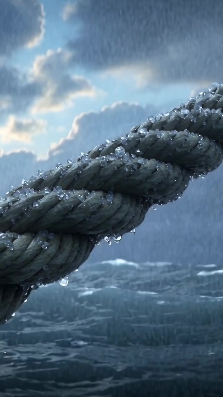 Video verticale: Una corda intrecciata bagnata che perde goccioline sopra un oceano agitato mentre passano vento e pioggia.