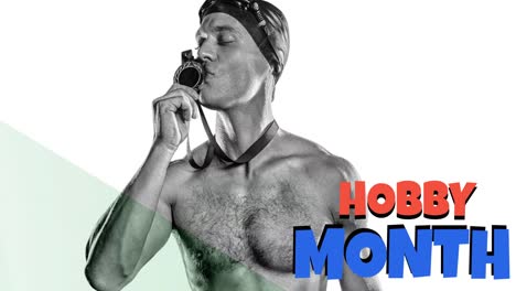 Animation-of-hobby-month-text-in-red-and-blue-with-male-swimmer-kissing-medal