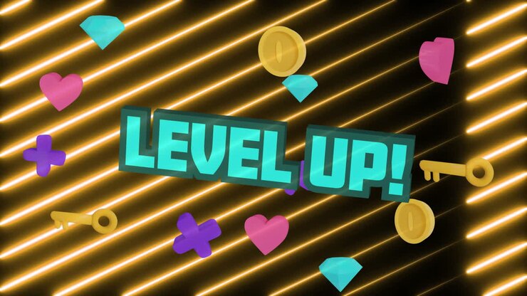 Animation of level up text over shapes on neon background