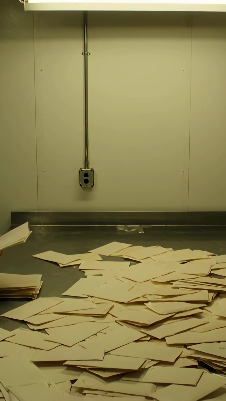 Vertical video: Entering left hand depositing envelopes on steel counter in mail room, sorting mail