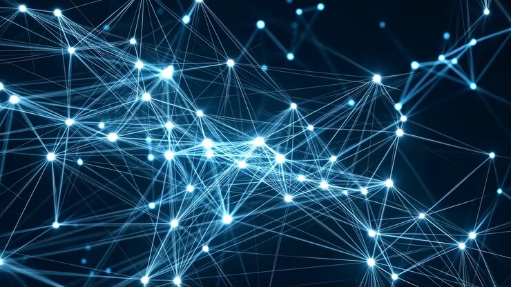 Glowing Blue Network Of Data Nodes Interconnected Points And Streaming Lines Traverse Dark Space Subtle