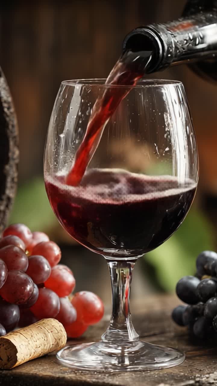 Un ricco vino rosso versato in un bicchiere, circondato da uva fresca e sughero, che cattura l'essenza di un'elegante esperienza enologica e di celebrazione