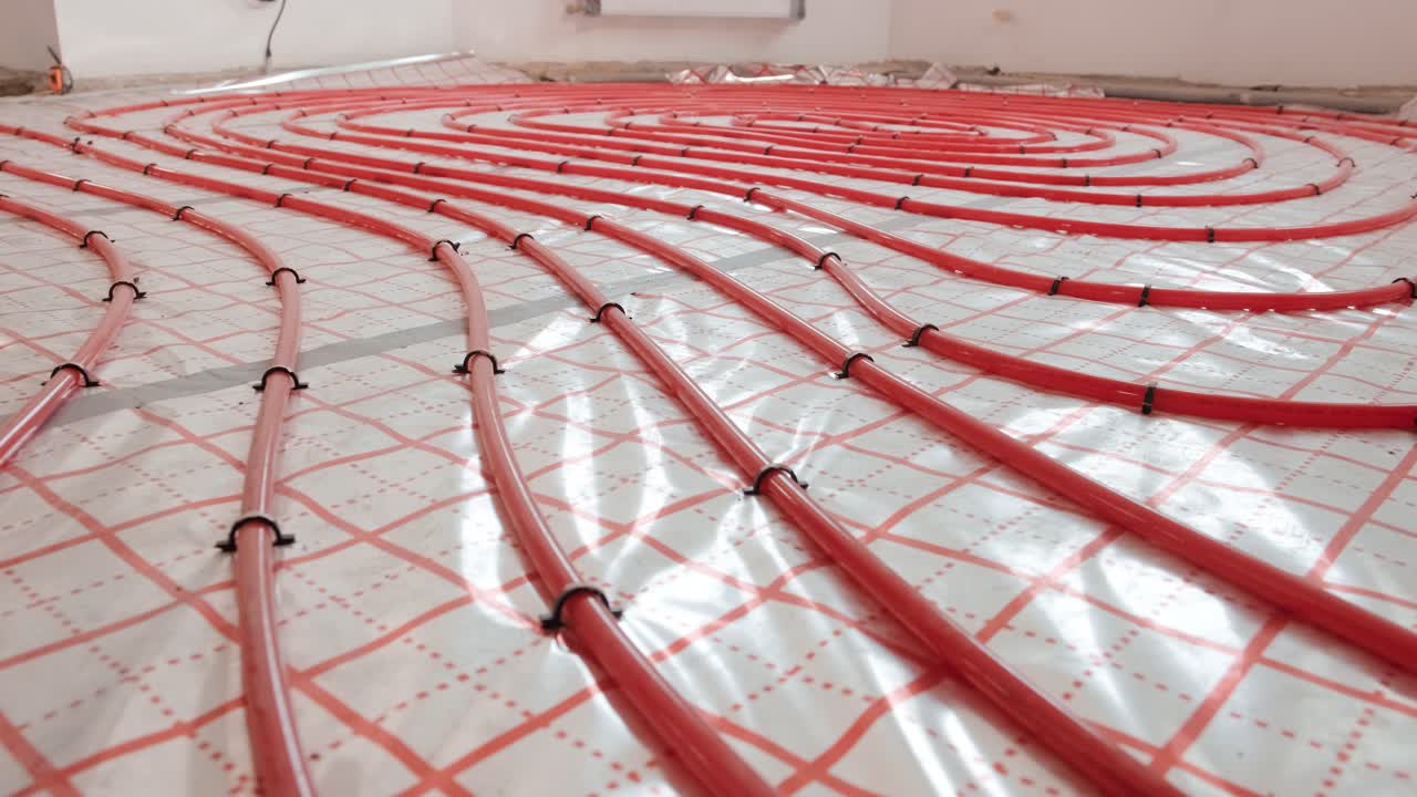 물 난방을 위한 바닥 난방 파이프 설치. 난방 시스템. 열 단열 바닥을 위한 파이프.