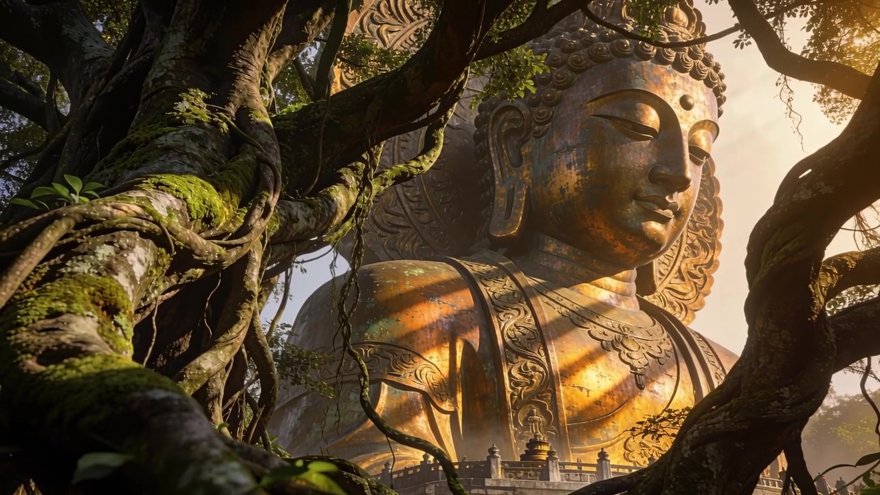 Un carrello della telecamera rivela una statua dorata di Buddha che si sposta nella calda luce del sole all'interno di un tempio, per una visione più chiara.