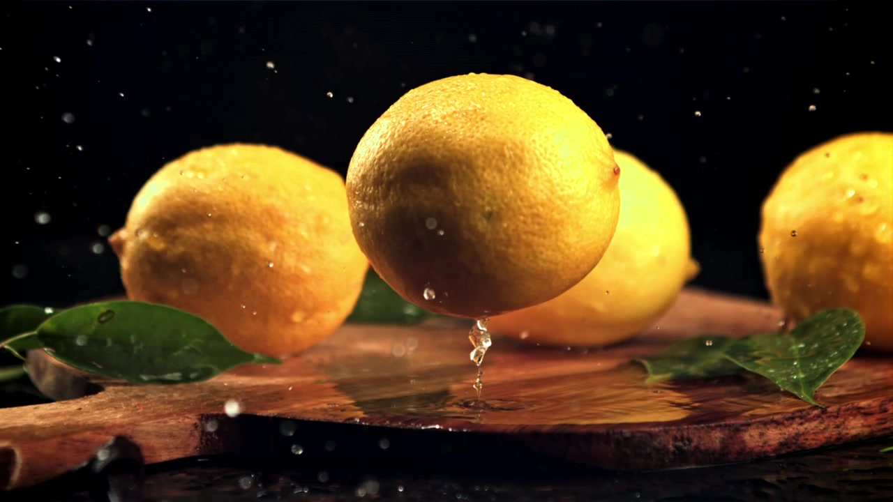 Limone fresco che cade al rallentatore su un tagliere di legno bagnato