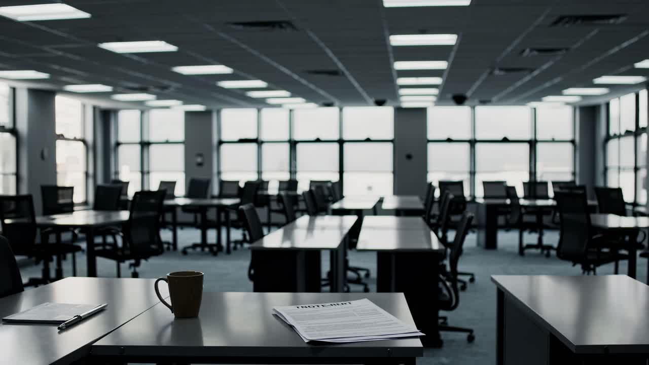 Wide-angle shot of a dimly lit, empty office with rows of desks and chairs, creating a somber