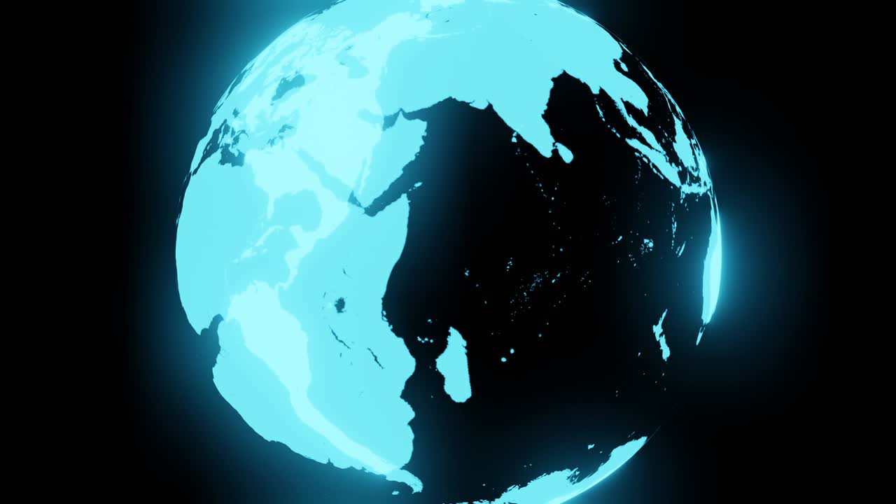 검은색 배경에 파란색 홀로그램 글로브.