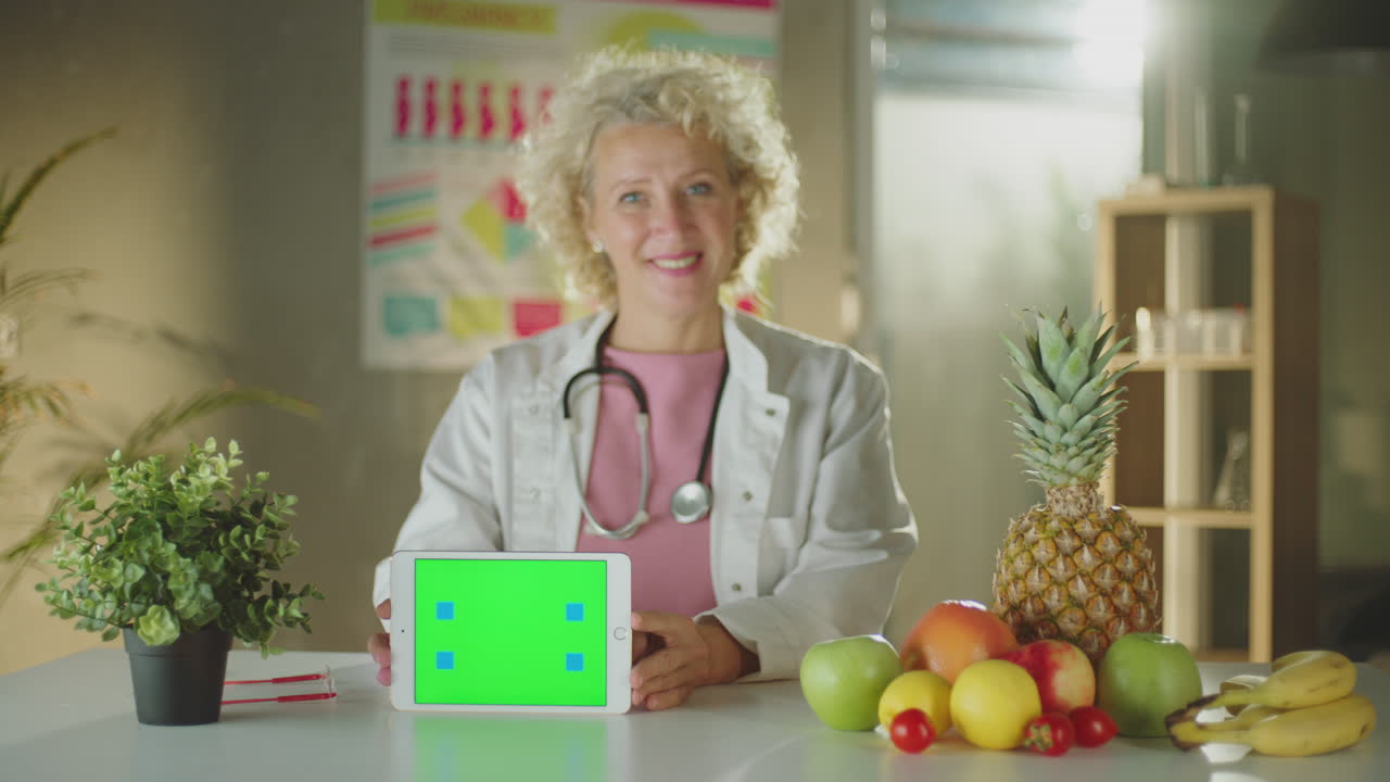 Doctor Presenting Nutrition Information with Green Screen Tablet