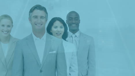 animation of data processing over portrait of diverse businesspeople smiling at office
