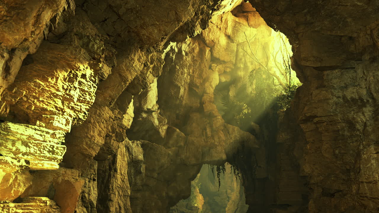 misteriosa cueva iluminada por la luz del sol en un paisaje verde exuberante