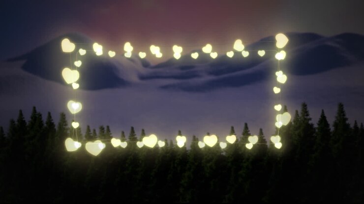 Yellow heart shaped fairy lights against winter landscape with multiple trees