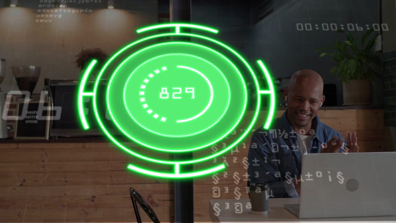 Green HUD appearing and cycling readouts over cafe table, revealing man analyzing business data