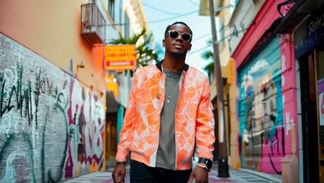 a man in an orange jacket and sunglasses walking down a street