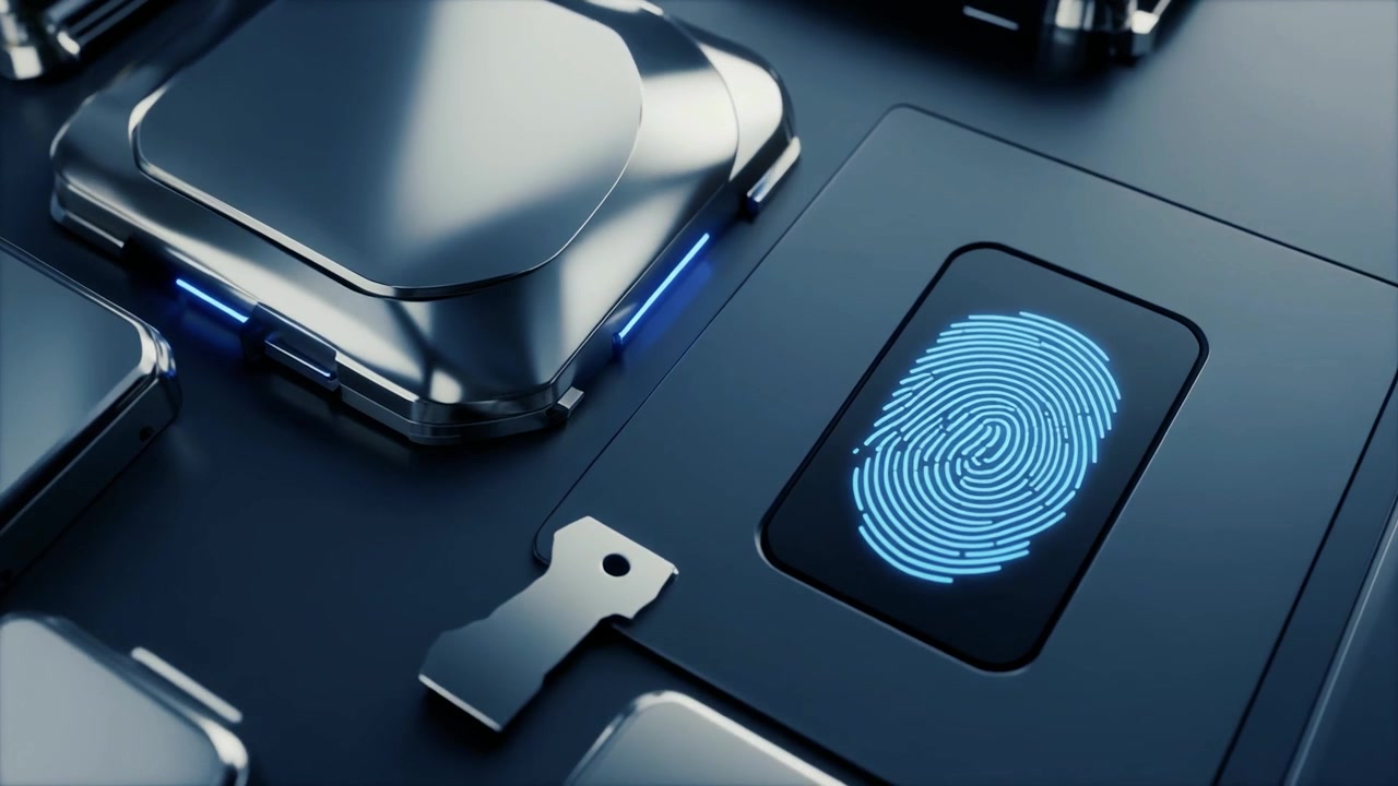Digital Fingerprint Scanner Scanning on Futuristic Metallic Surface